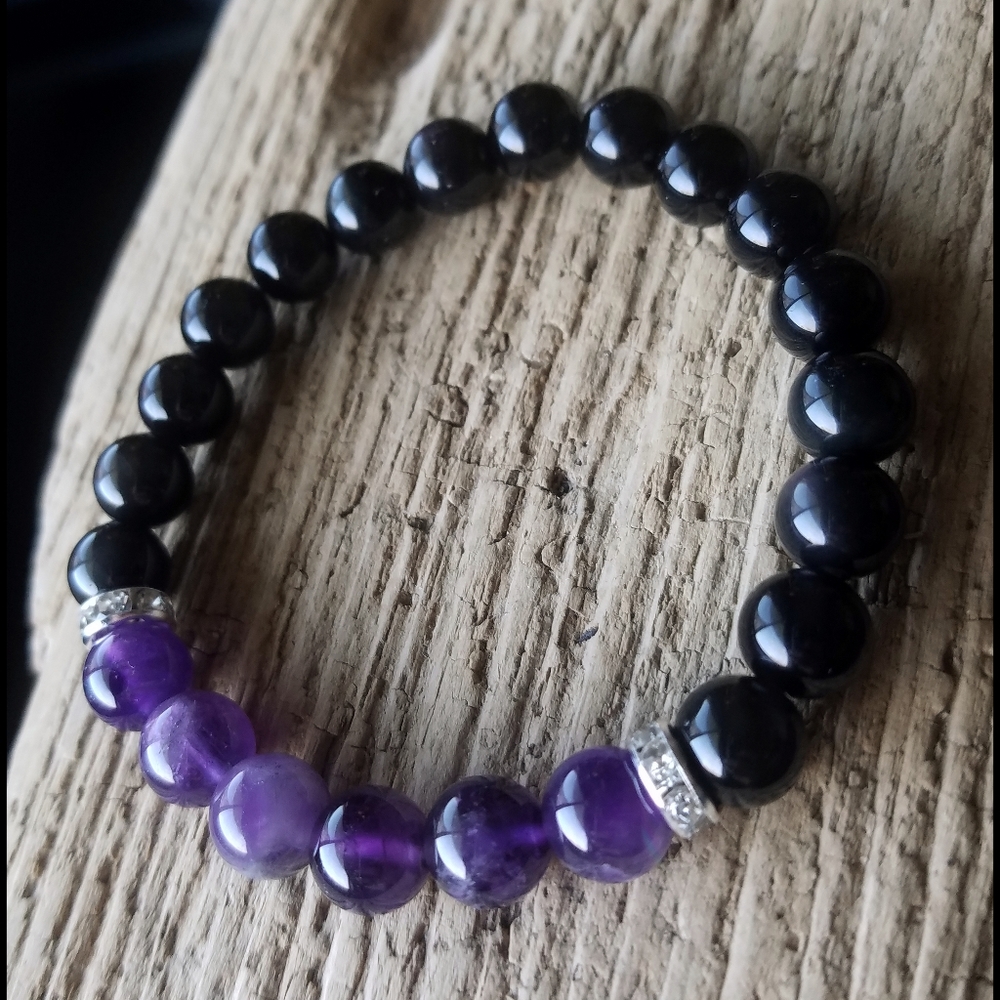 🌙💜Amethyst & Obsidian Stone Bracelet